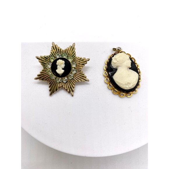 One cameo pendent and one CORO signed brooch. Black and white jewelry. - Picture 1 of 6